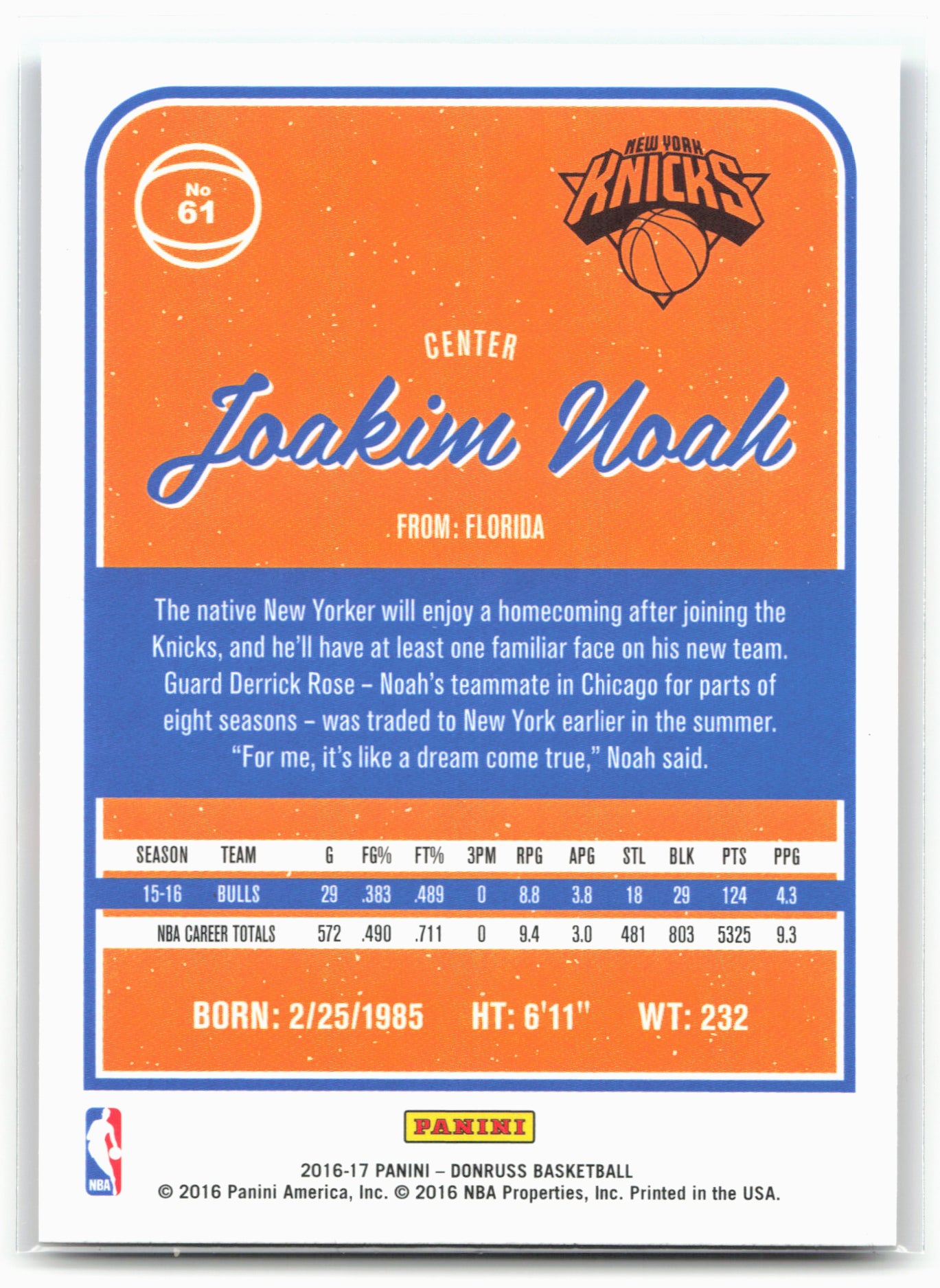 2016-17 Donruss #61 Joakim Noah 29024