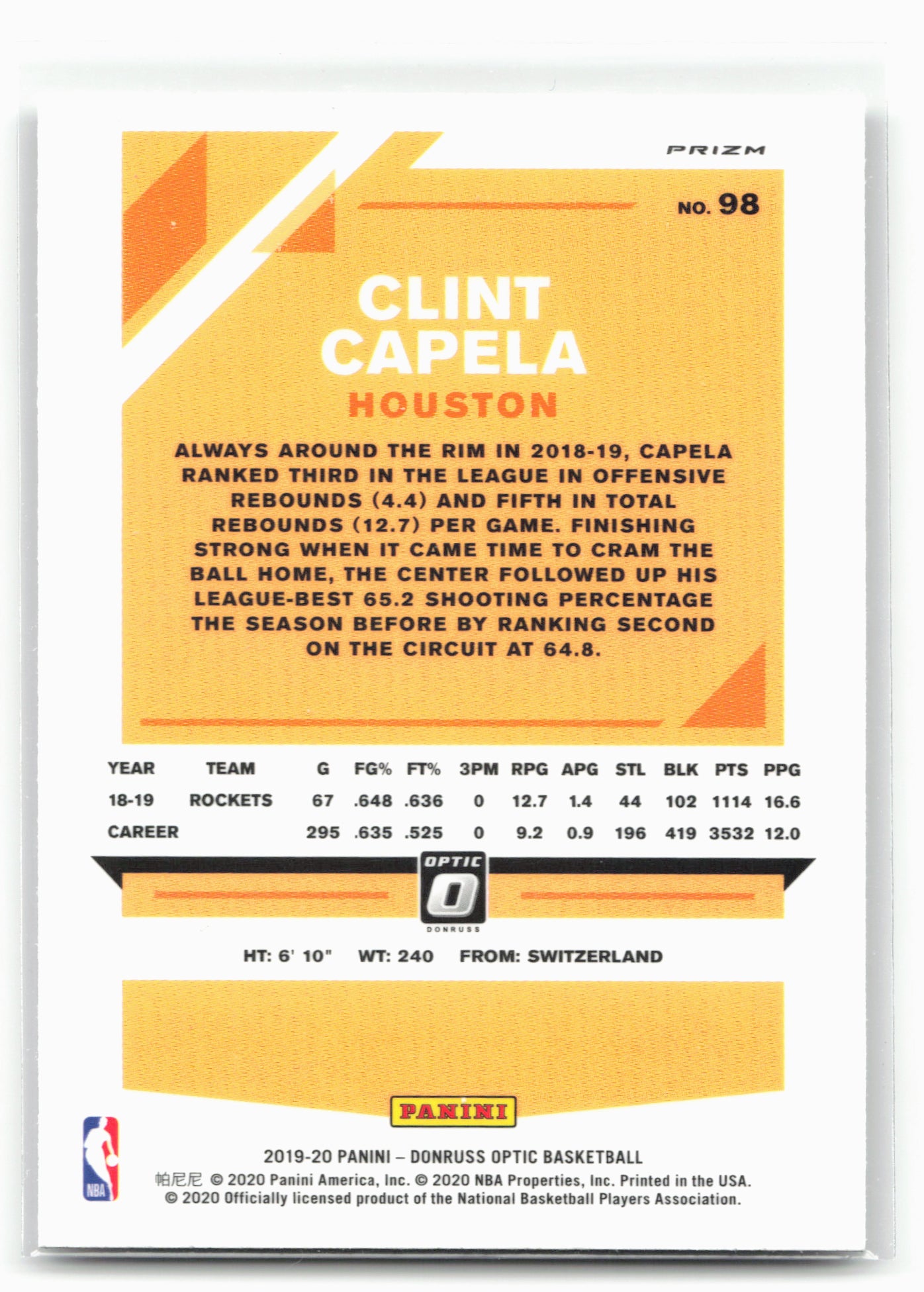2019-20 Donruss Optic #98 Clint Capela Holo