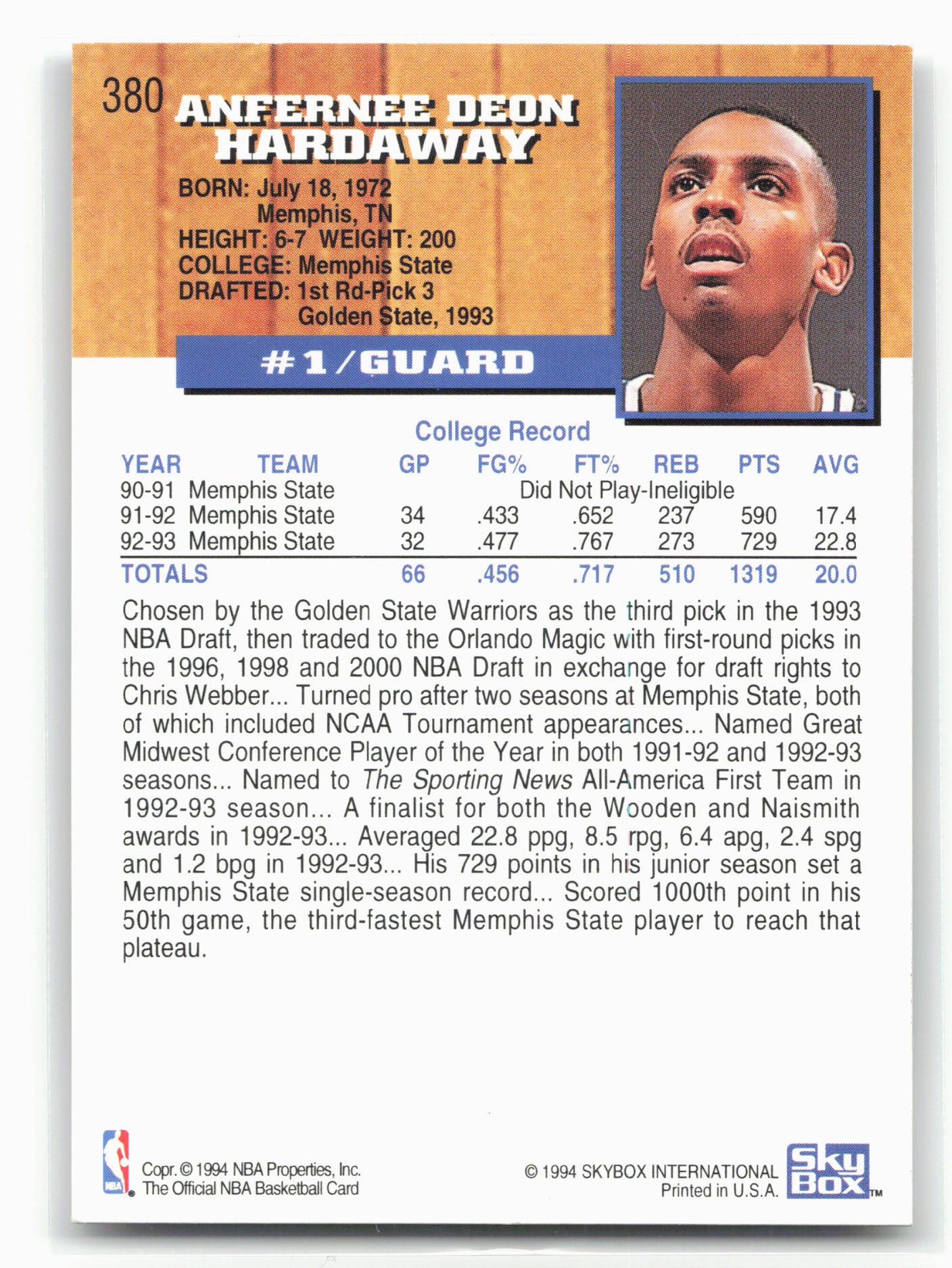 1993-94 Hoops #380 Anfernee Hardaway 29036