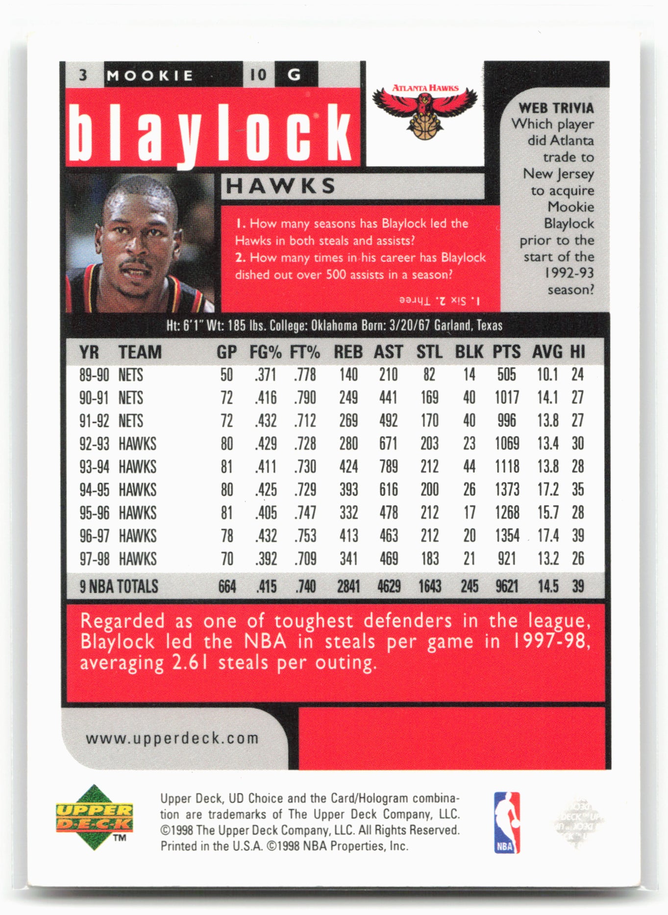 1998-99 UD Choice Preview #3 Mookie Blaylock 29037
