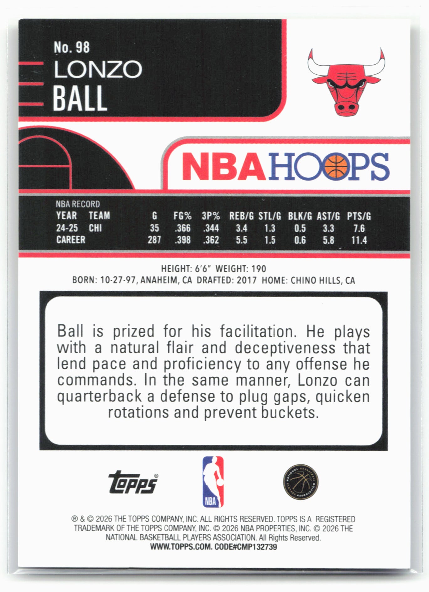 2025-26 Hoops #98 Lonzo Ball Rainbow Blue & Yellow #/275