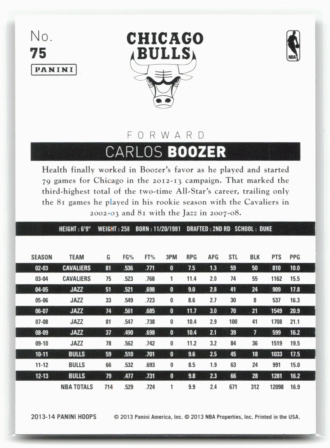 2013-14 Hoops #75 Carlos Boozer Gold 29060