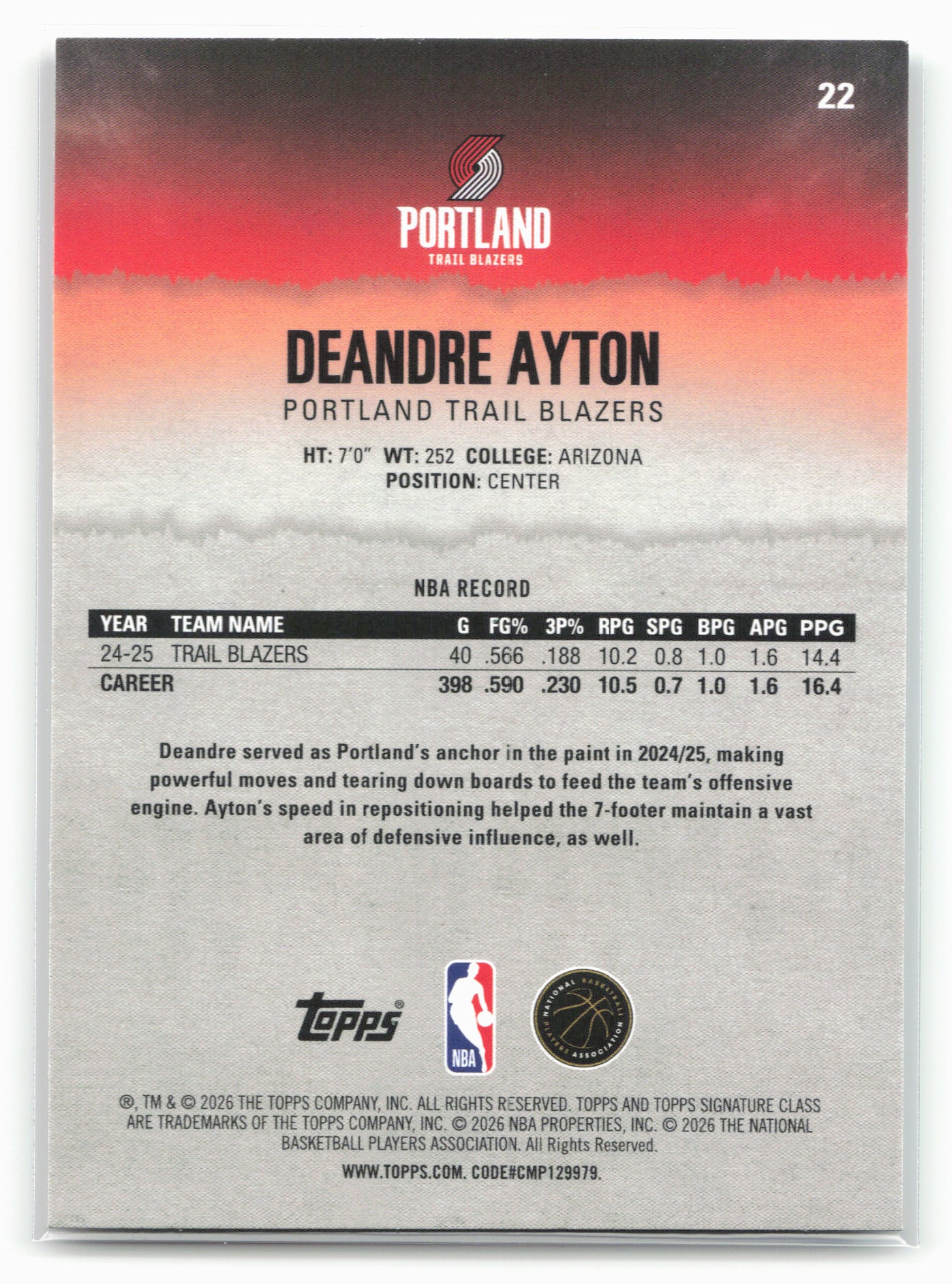 2025-26 Topps Signature Class #22 Deandre Ayton Teal #/225