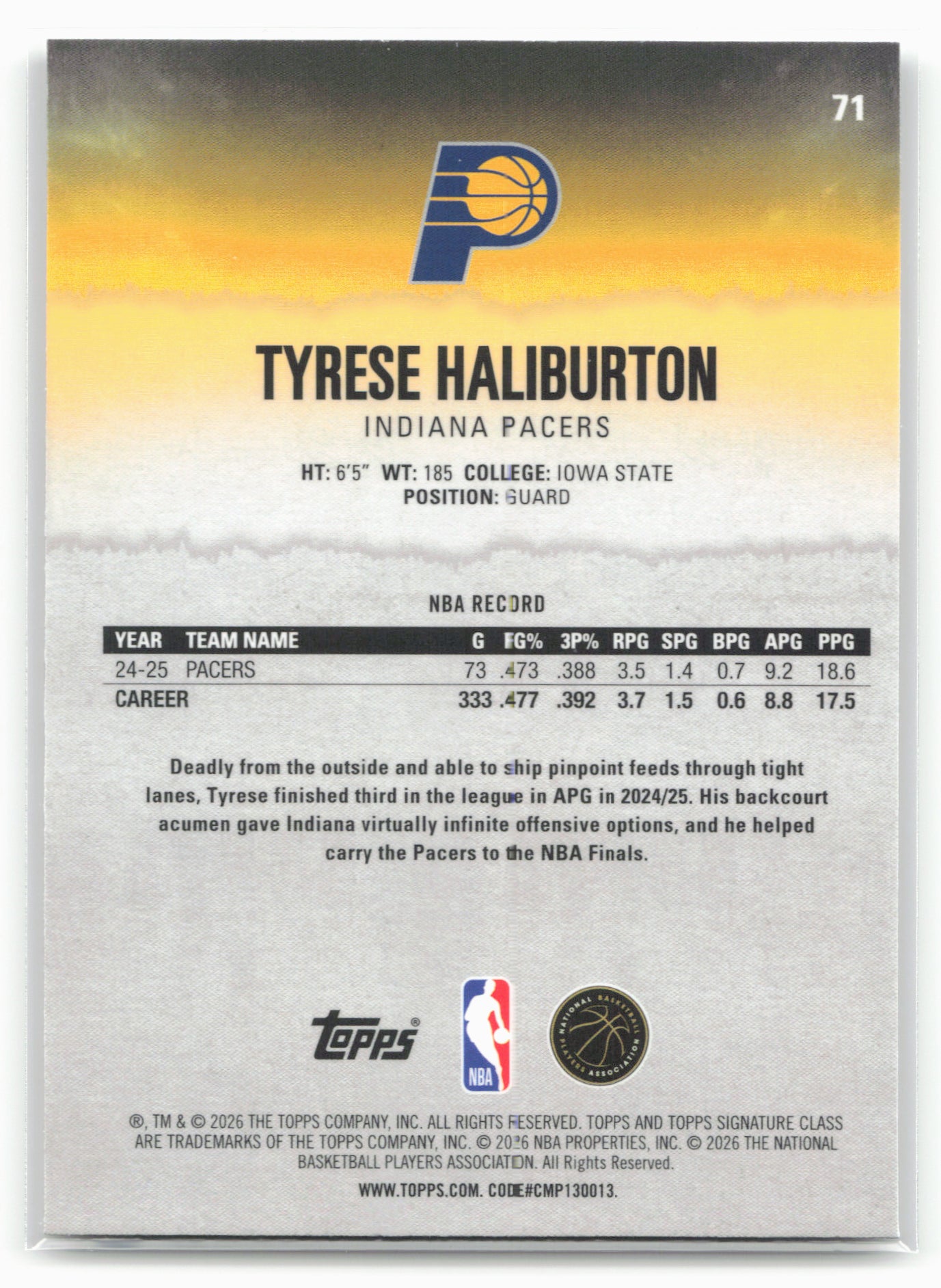 2025-26 Topps Signature Class #71 Tyrese Haliburton Chrome