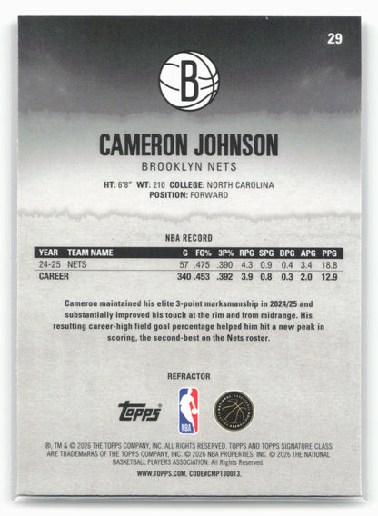 2025-26 Topps Signature Class #29 Cameron Johnson Chrome Refractors
