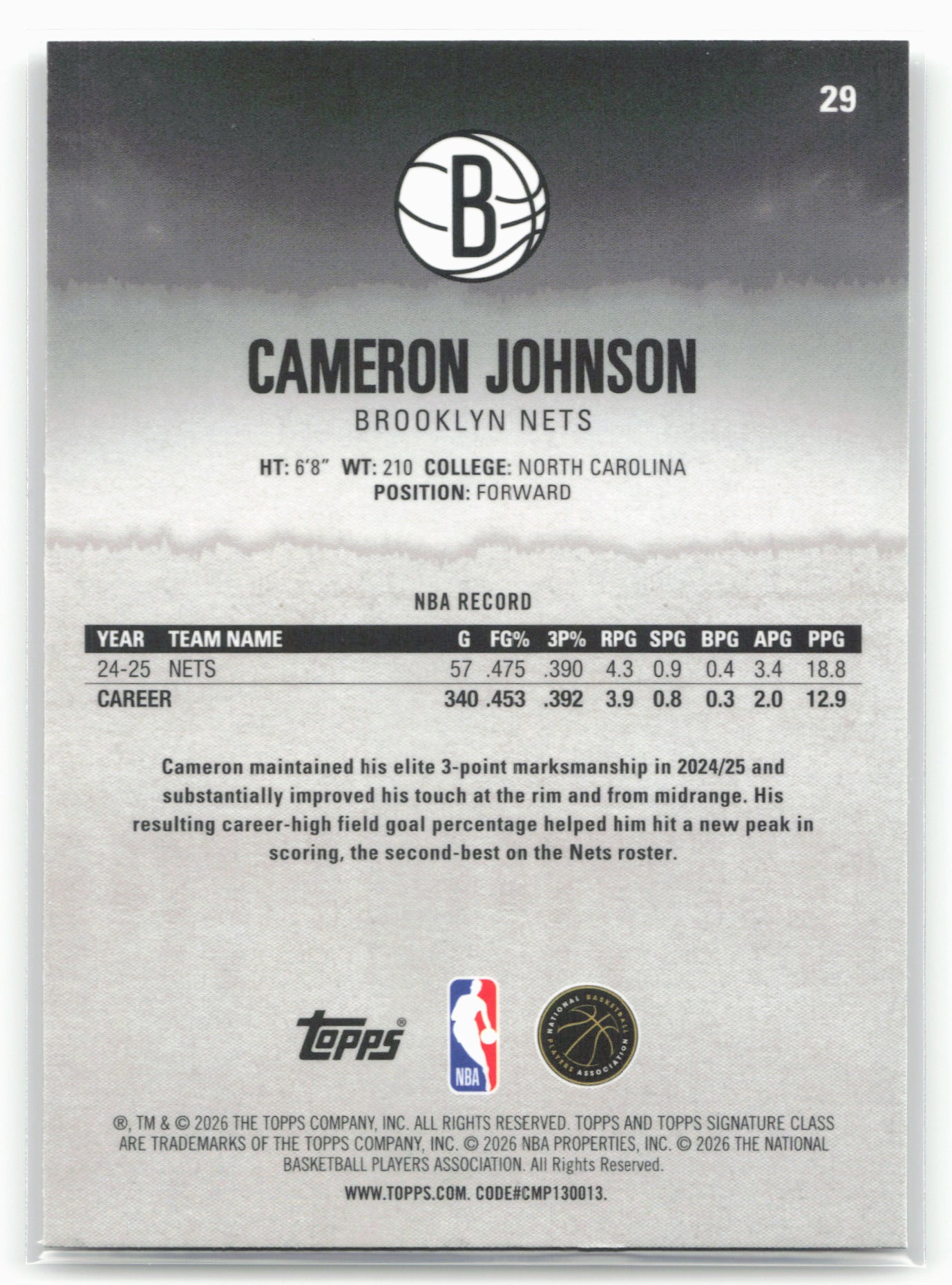 2025-26 Topps Signature Class #29 Cameron Johnson Chrome