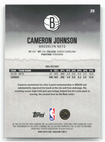 
2025-26 Topps Signature Class #29 Cameron Johnson Chrome