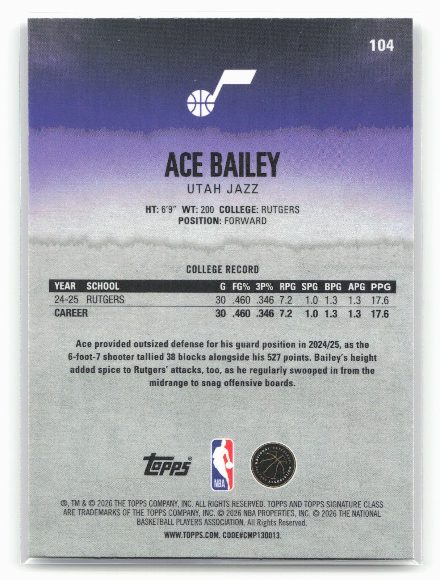 2025-26 Topps Signature Class #104 Ace Bailey Chrome