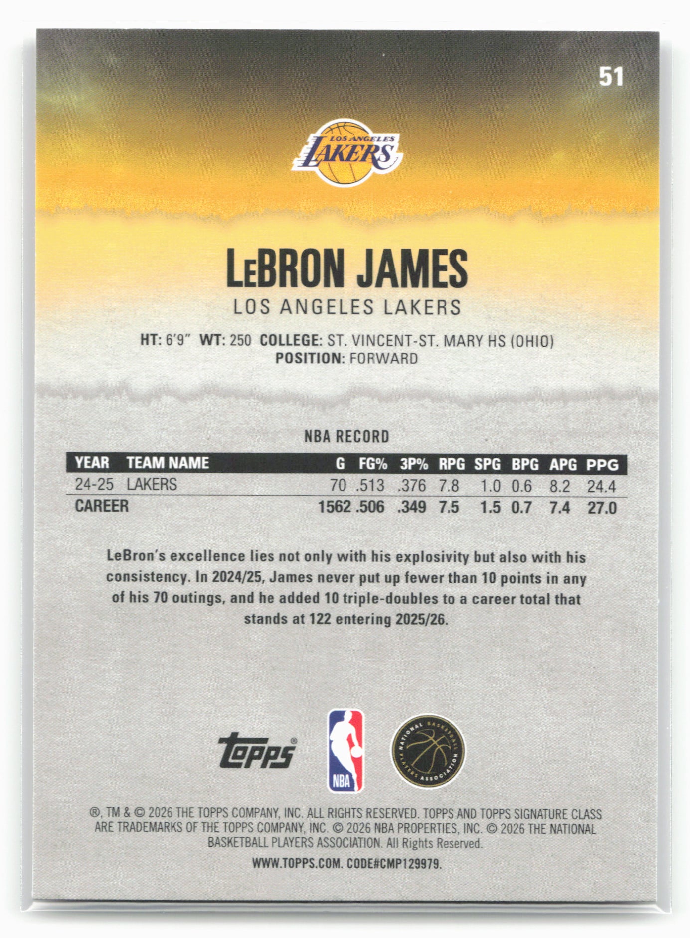 2025-26 Topps Signature Class #51 LeBron James