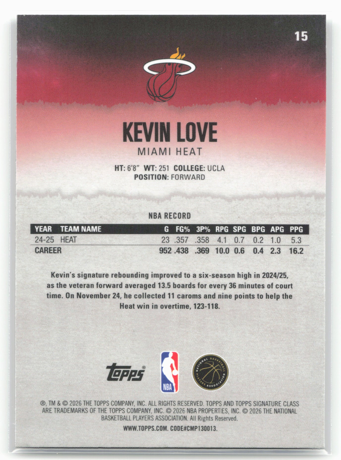 2025-26 Topps Signature Class #15 Kevin Love Chrome