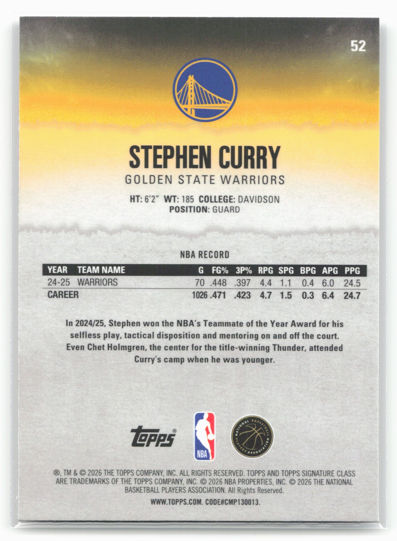 2025-26 Topps Signature Class #52 Stephen Curry Chrome