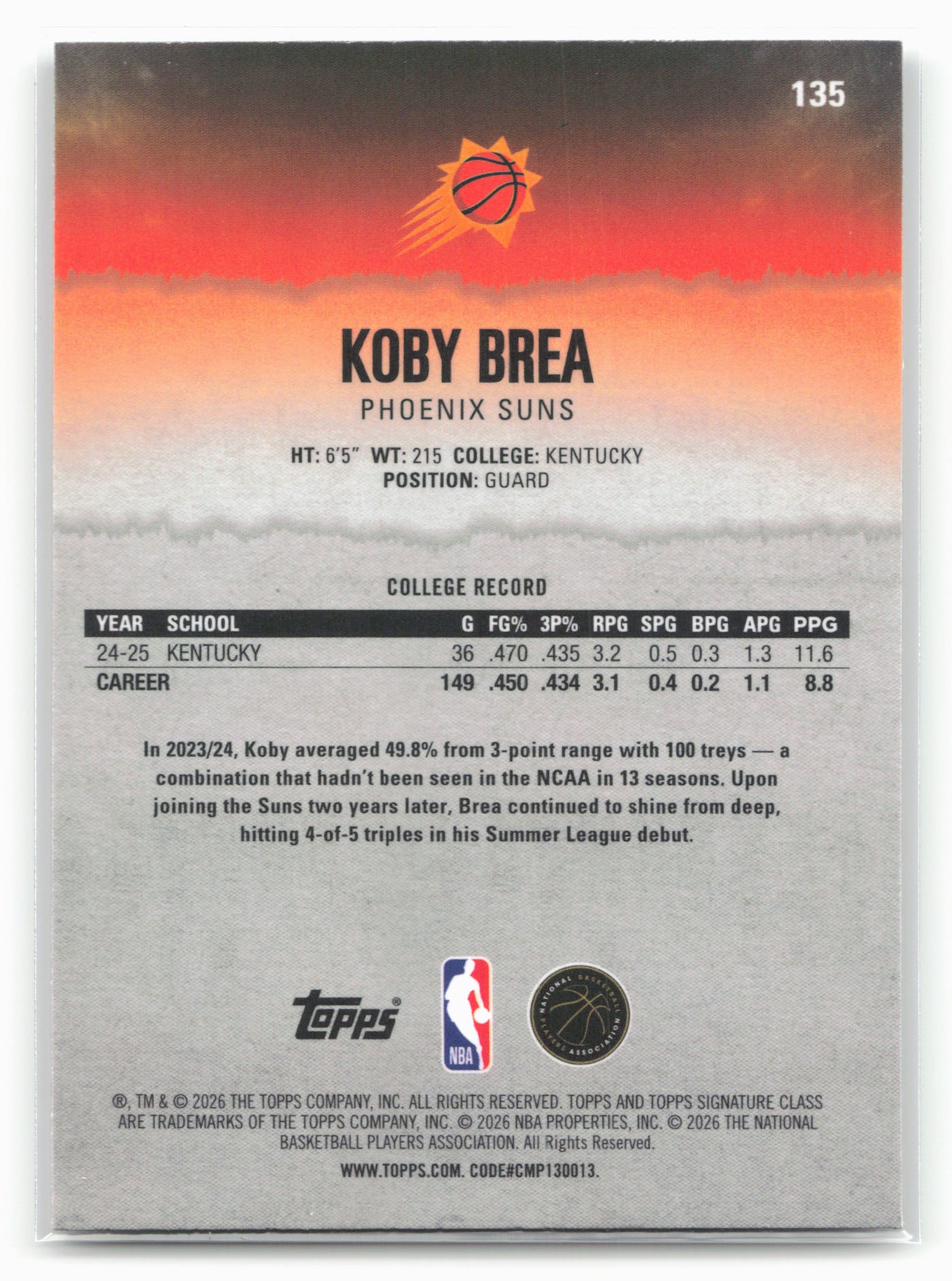 2025-26 Topps Signature Class #135 Koby Brea Chrome