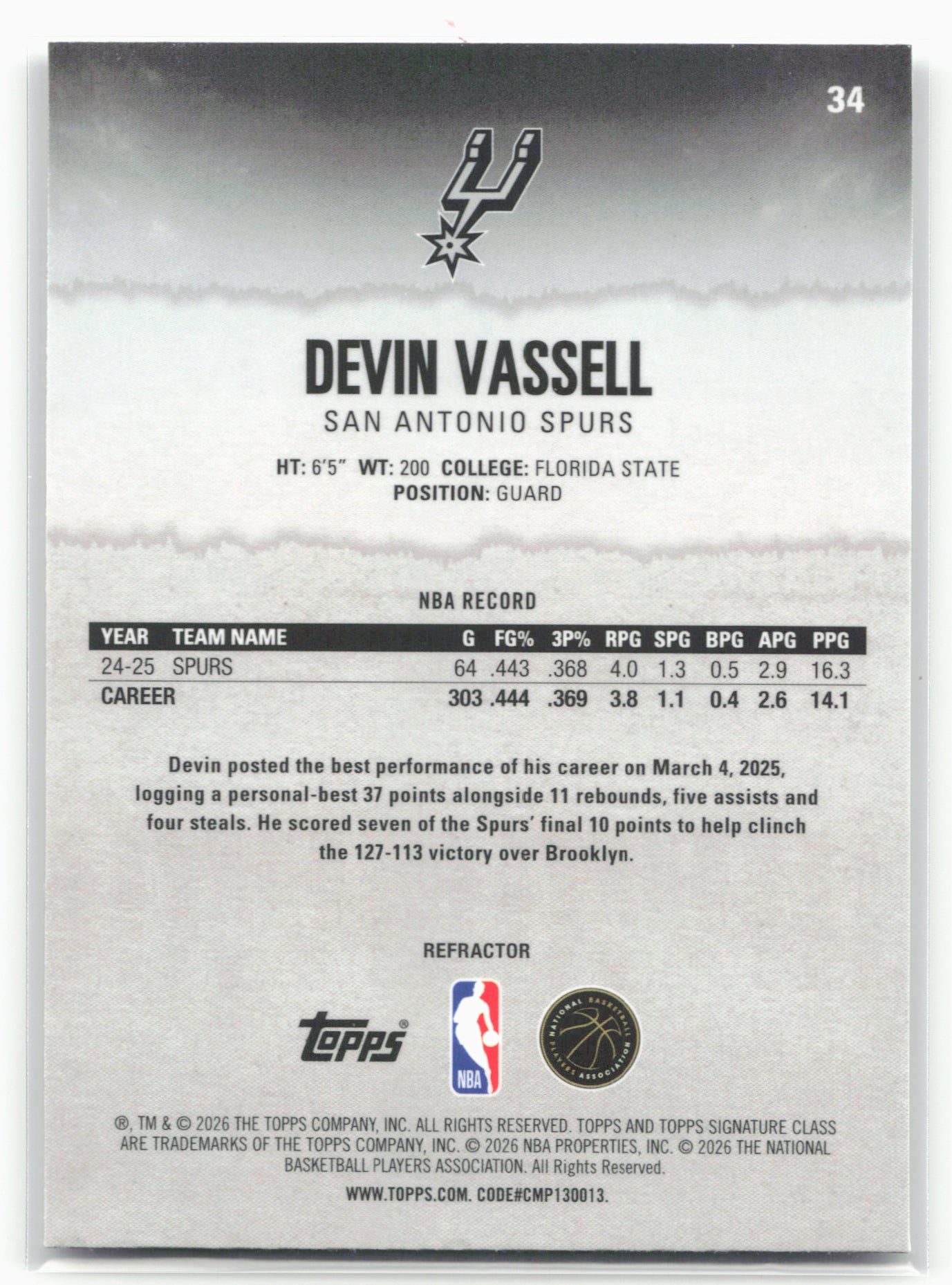 2025-26 Topps Signature Class #34 Devin Vassell Chrome Refractors