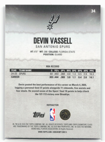 
2025-26 Topps Signature Class #34 Devin Vassell Chrome Refractors