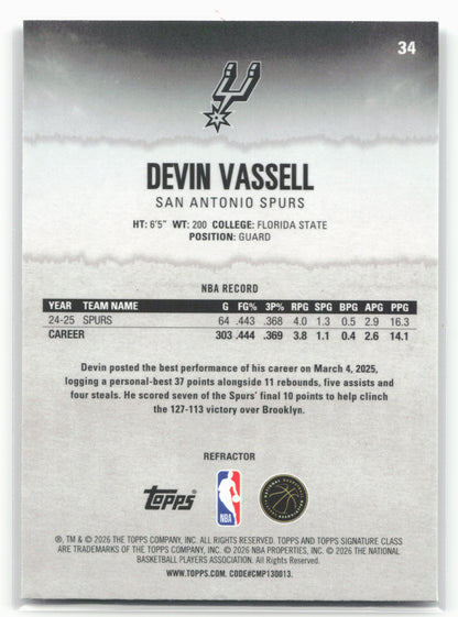 2025-26 Topps Signature Class #34 Devin Vassell Chrome Refractors