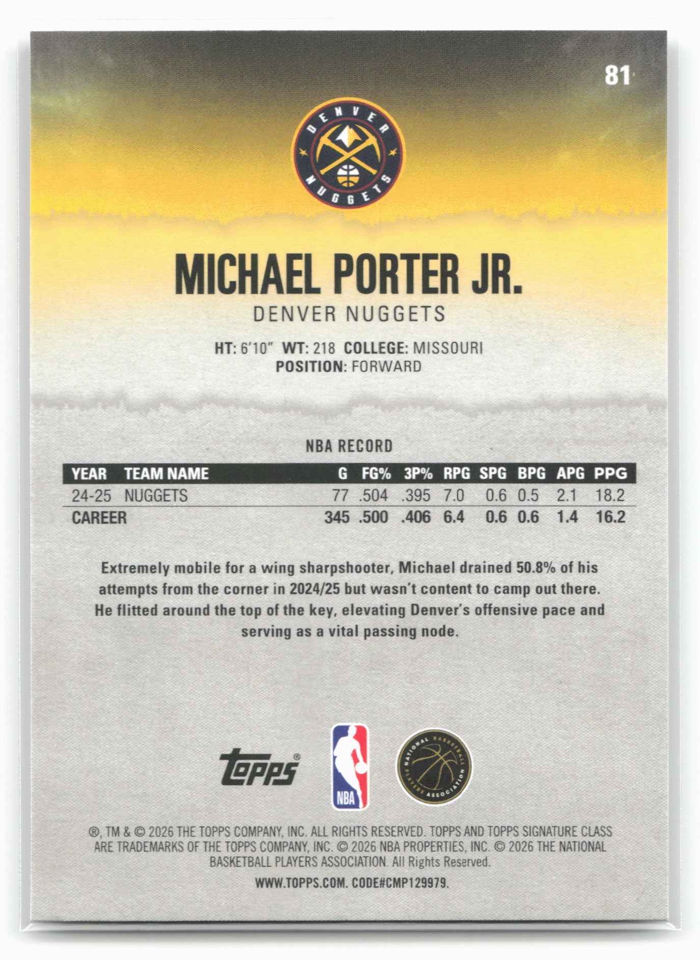 2025-26 Topps Signature Class #81 Michael Porter Jr.