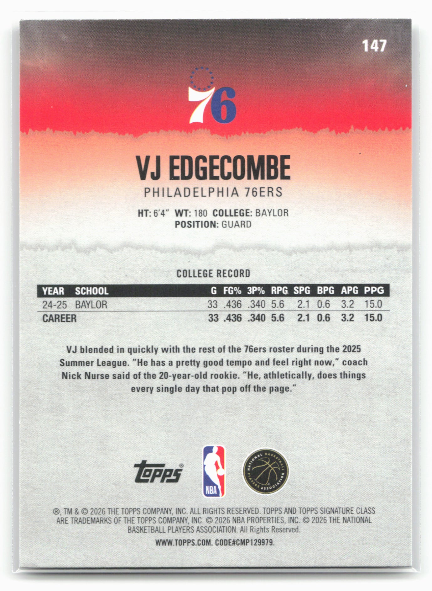 2025-26 Topps Signature Class #147 VJ Edgecombe