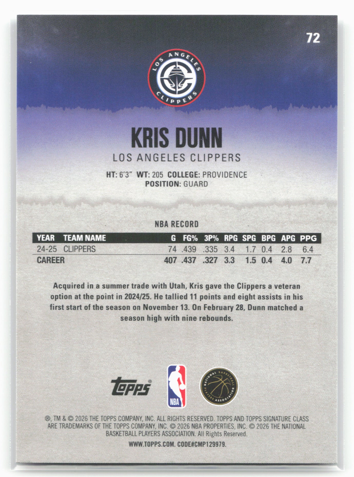 2025-26 Topps Signature Class #72 Kris Dunn