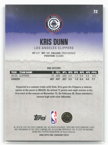 
2025-26 Topps Signature Class #72 Kris Dunn