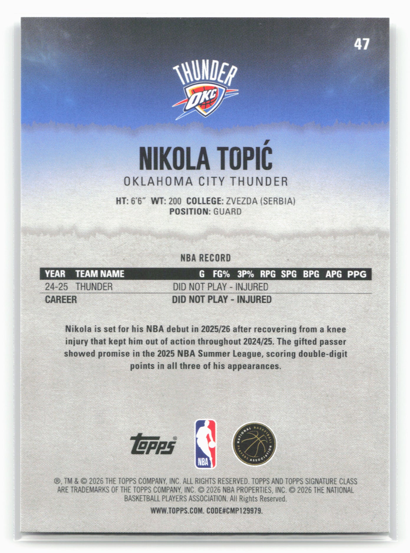 2025-26 Topps Signature Class #47 Nikola Topić