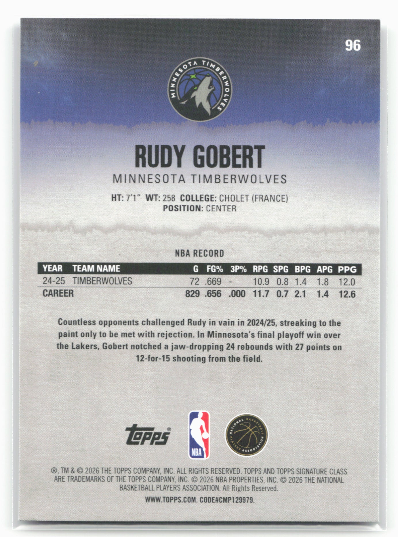 2025-26 Topps Signature Class #96 Rudy Gobert