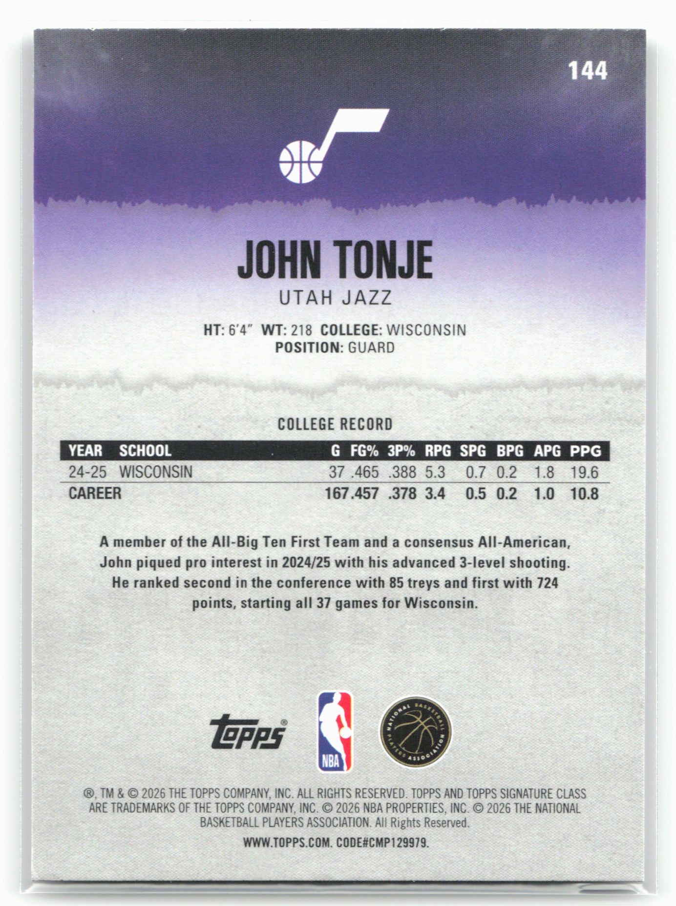 2025-26 Topps Signature Class #144 John Tonje