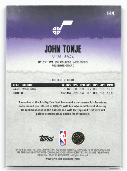 2025-26 Topps Signature Class #144 John Tonje