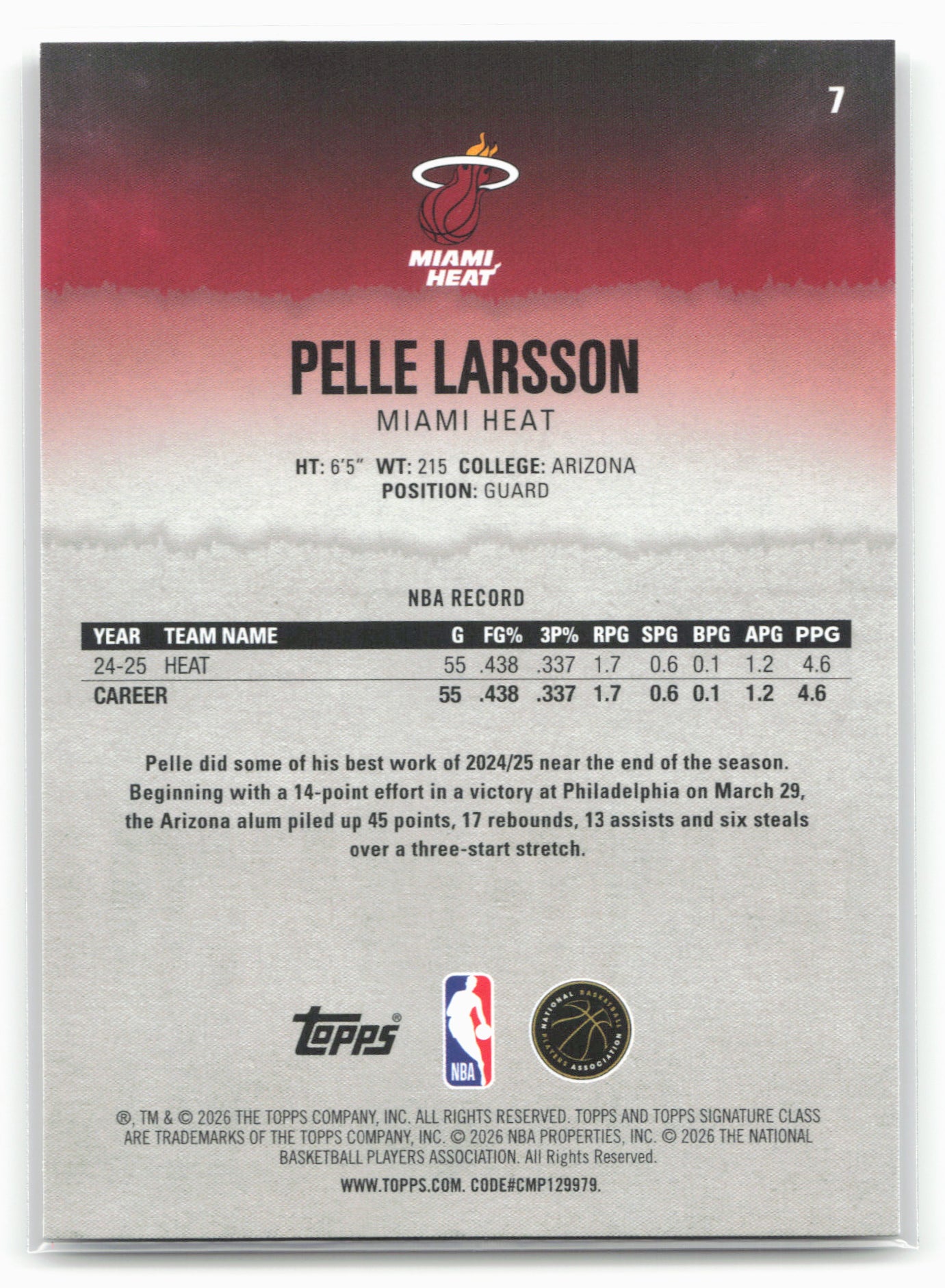 2025-26 Topps Signature Class #7 Pelle Larsson