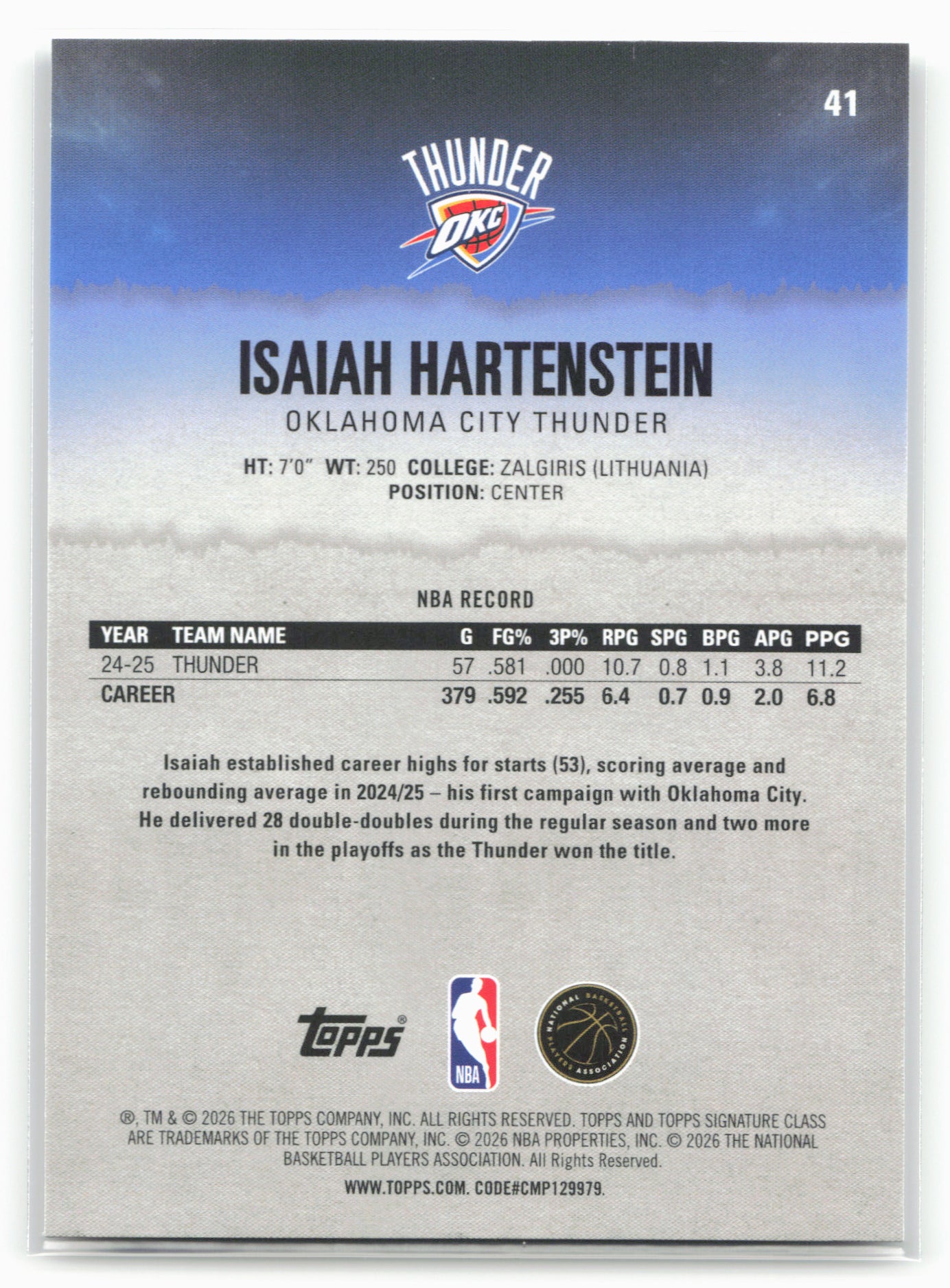 2025-26 Topps Signature Class #41 Isaiah Hartenstein