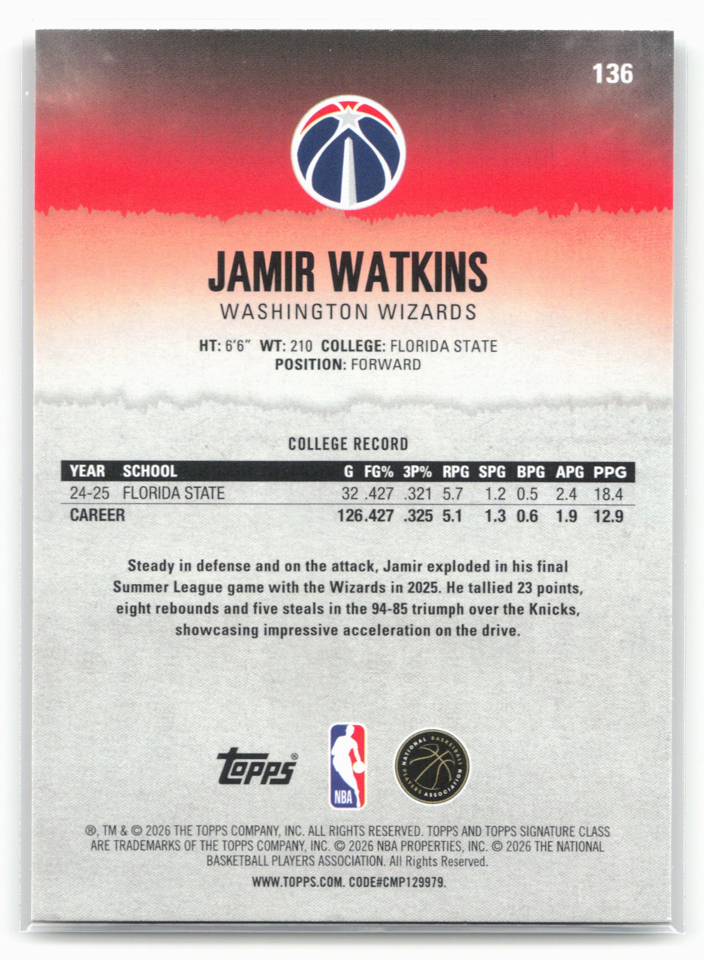 2025-26 Topps Signature Class #136 Jamir Watkins