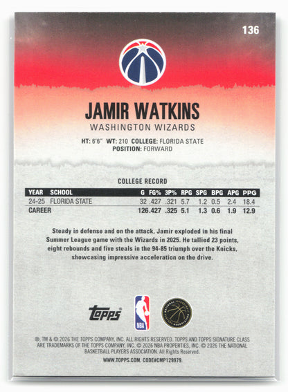 2025-26 Topps Signature Class #136 Jamir Watkins