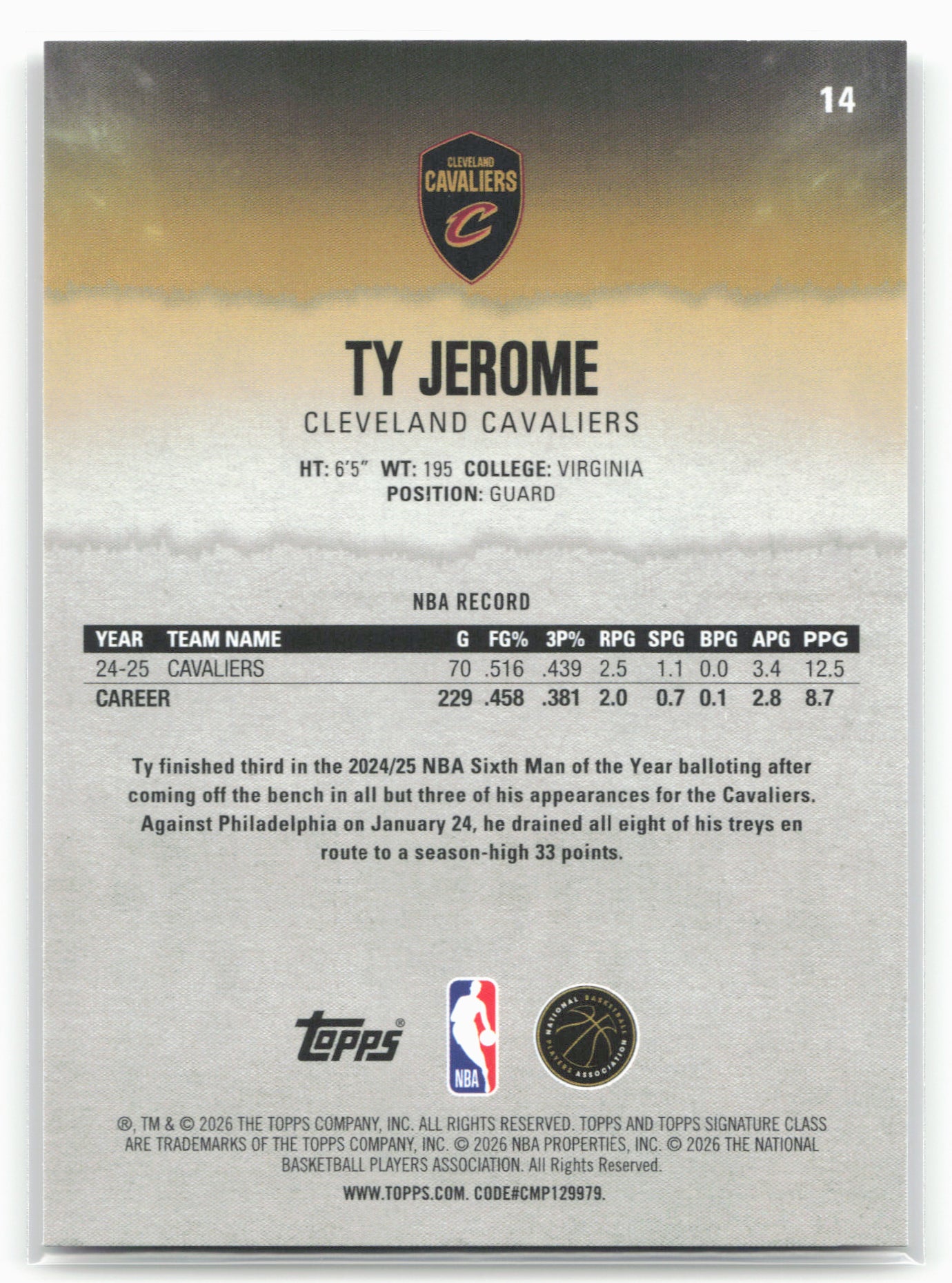 2025-26 Topps Signature Class #14 Ty Jerome