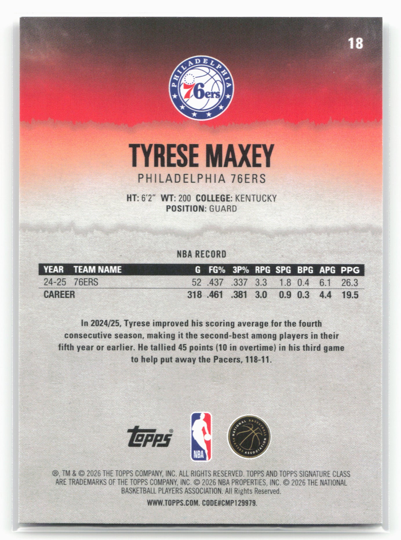 2025-26 Topps Signature Class #18 Tyrese Maxey