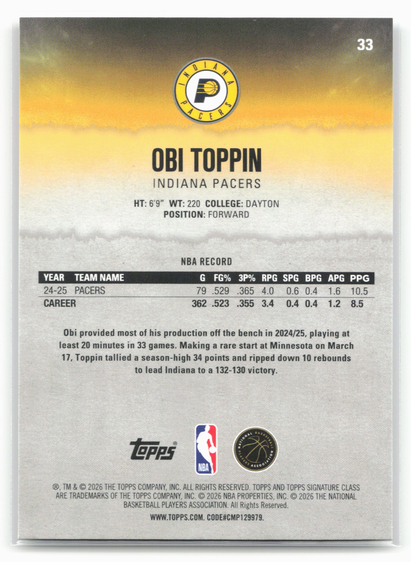 2025-26 Topps Signature Class #33 Obi Toppin