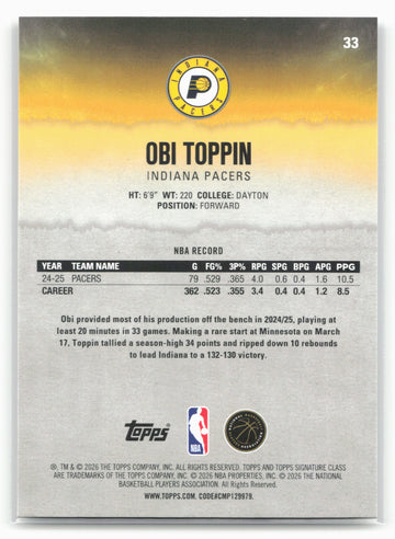 
2025-26 Topps Signature Class #33 Obi Toppin