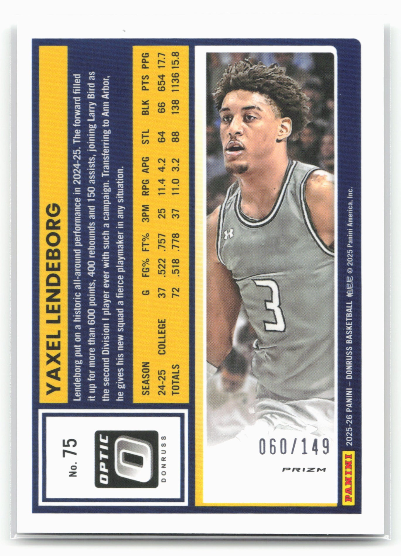 2025-26 Donruss #75 Yaxel Lendeborg Optic Stars #/149