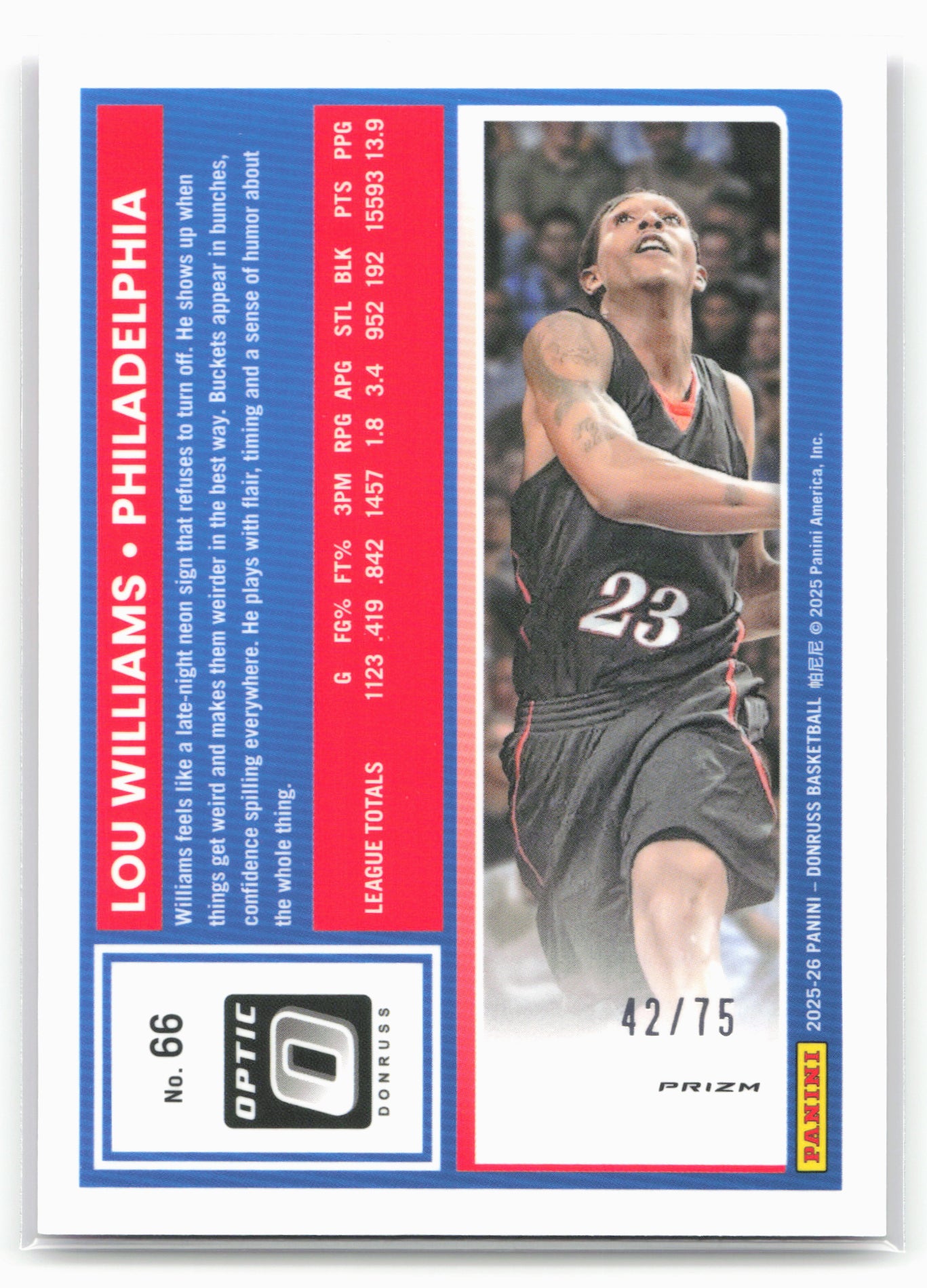 2025-26 Donruss #66 Lou Williams Optic Pink Velocity #/75