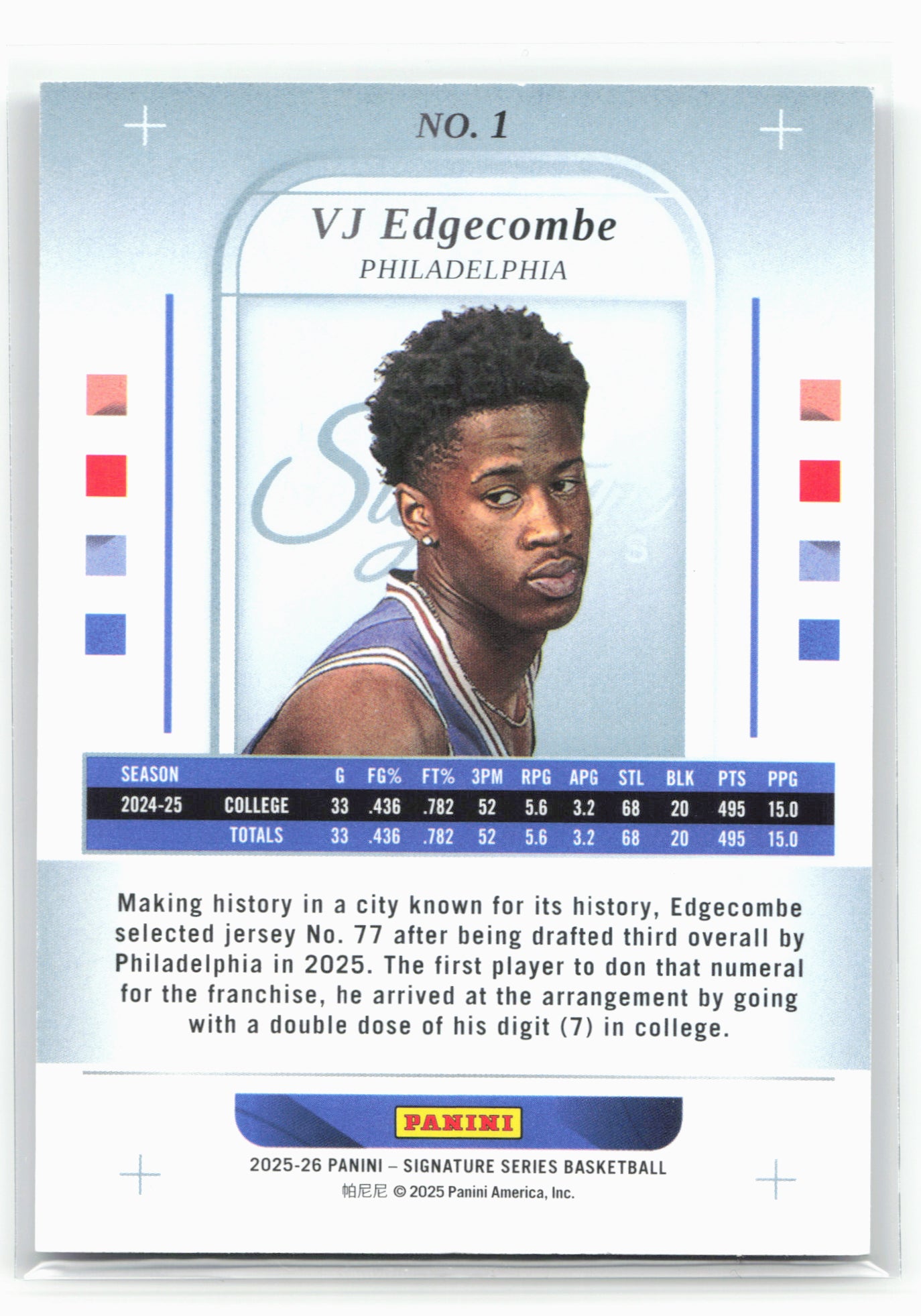 2025-26 Panini Signature Series #1 VJ Edgecombe Silver #/99