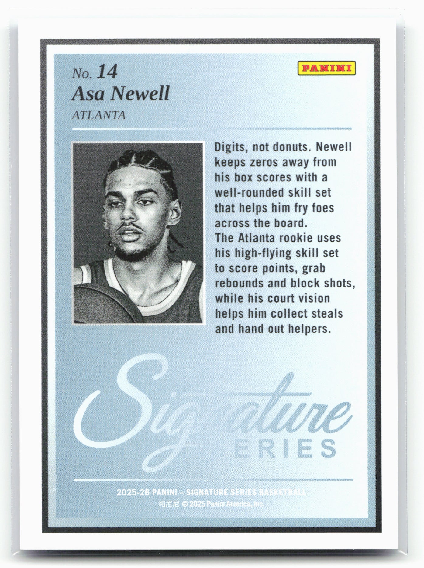2025-26 Panini Signature Series #14 Asa Newell Class Masters Blue #/25