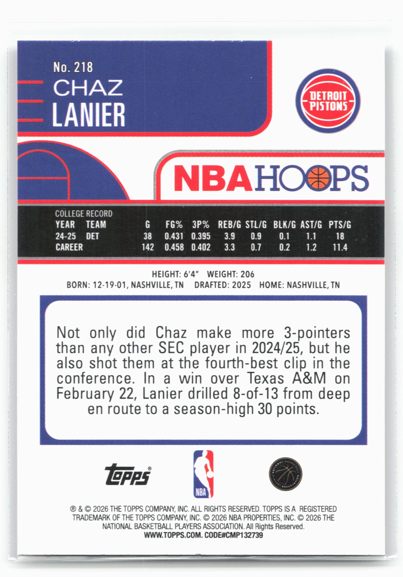 2025-26 Hoops #218 Chaz Lanier 29297