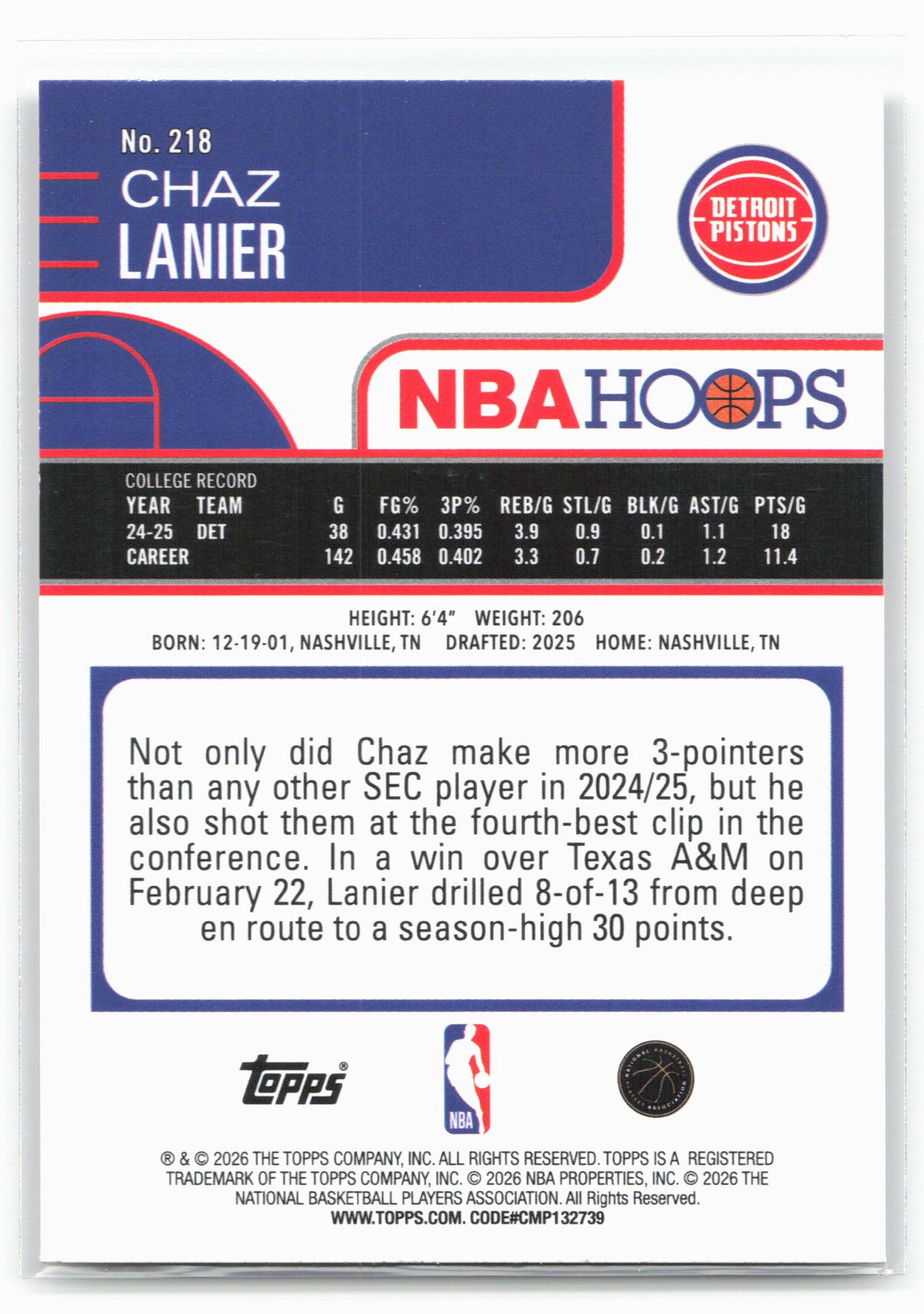 2025-26 Hoops #218 Chaz Lanier 29298