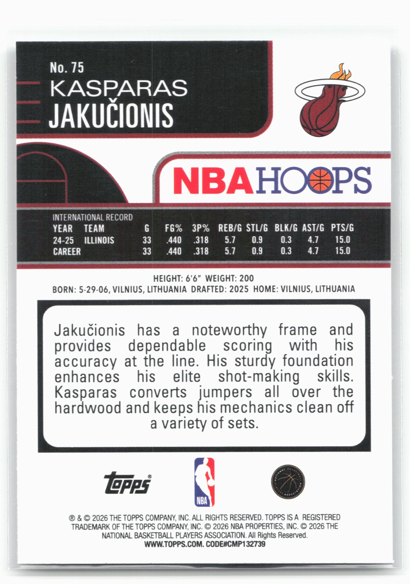 2025-26 Hoops #75 Kasparas Jakučionis 29299