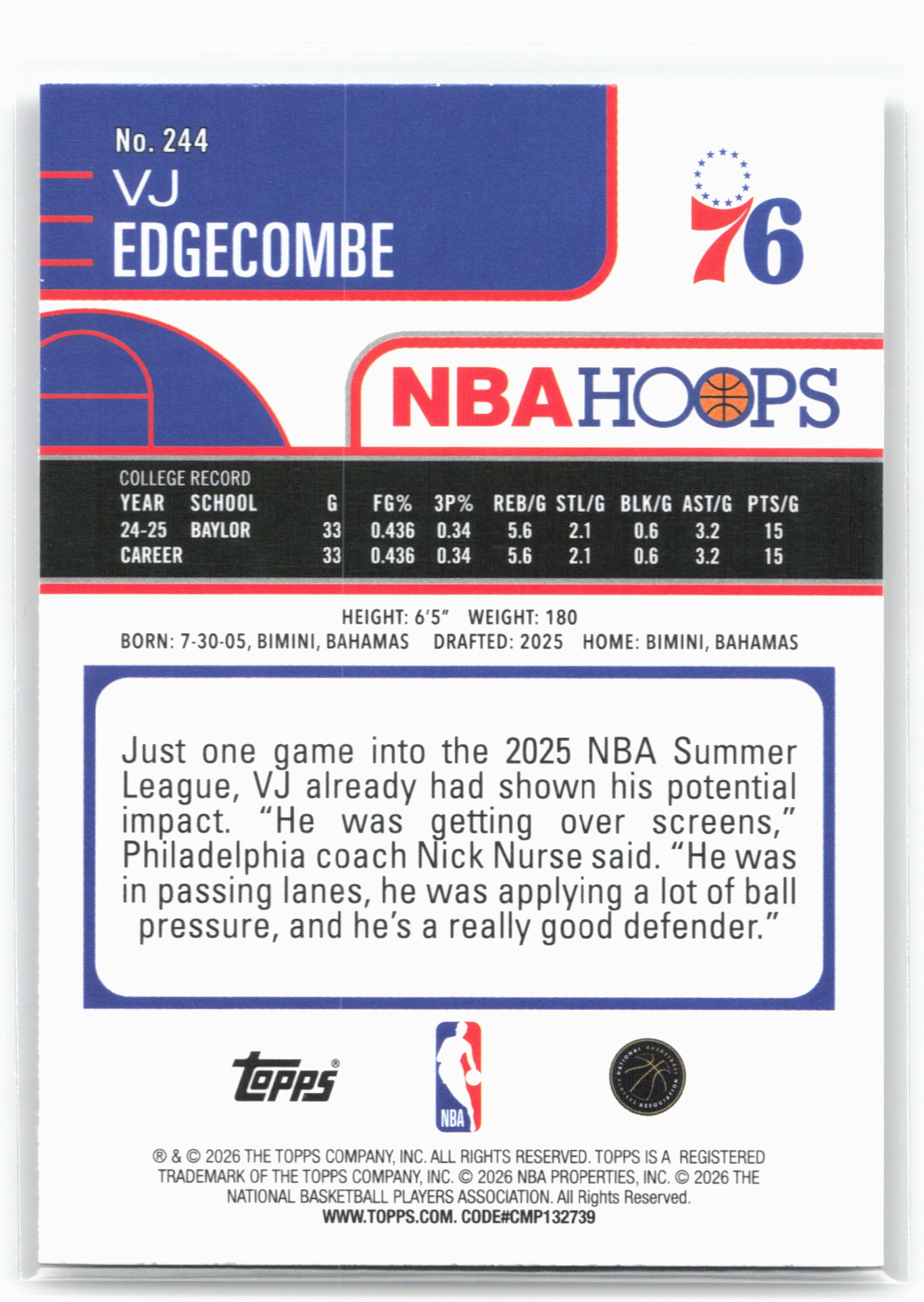 2025-26 Hoops #244 VJ Edgecombe 29306