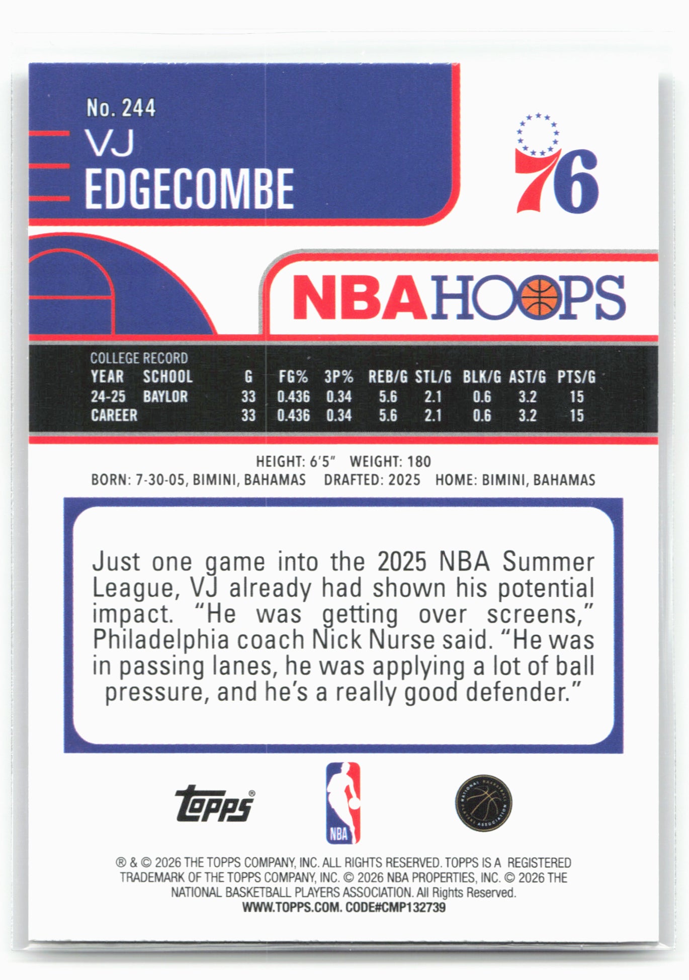 2025-26 Hoops #244 VJ Edgecombe 29307