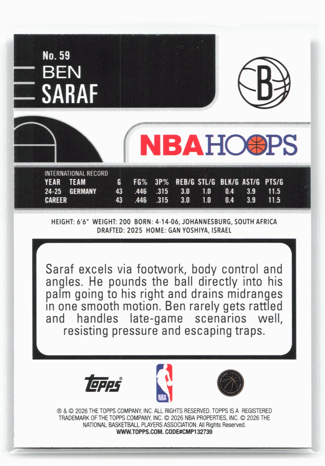 2025-26 Hoops #59 Ben Saraf 29310