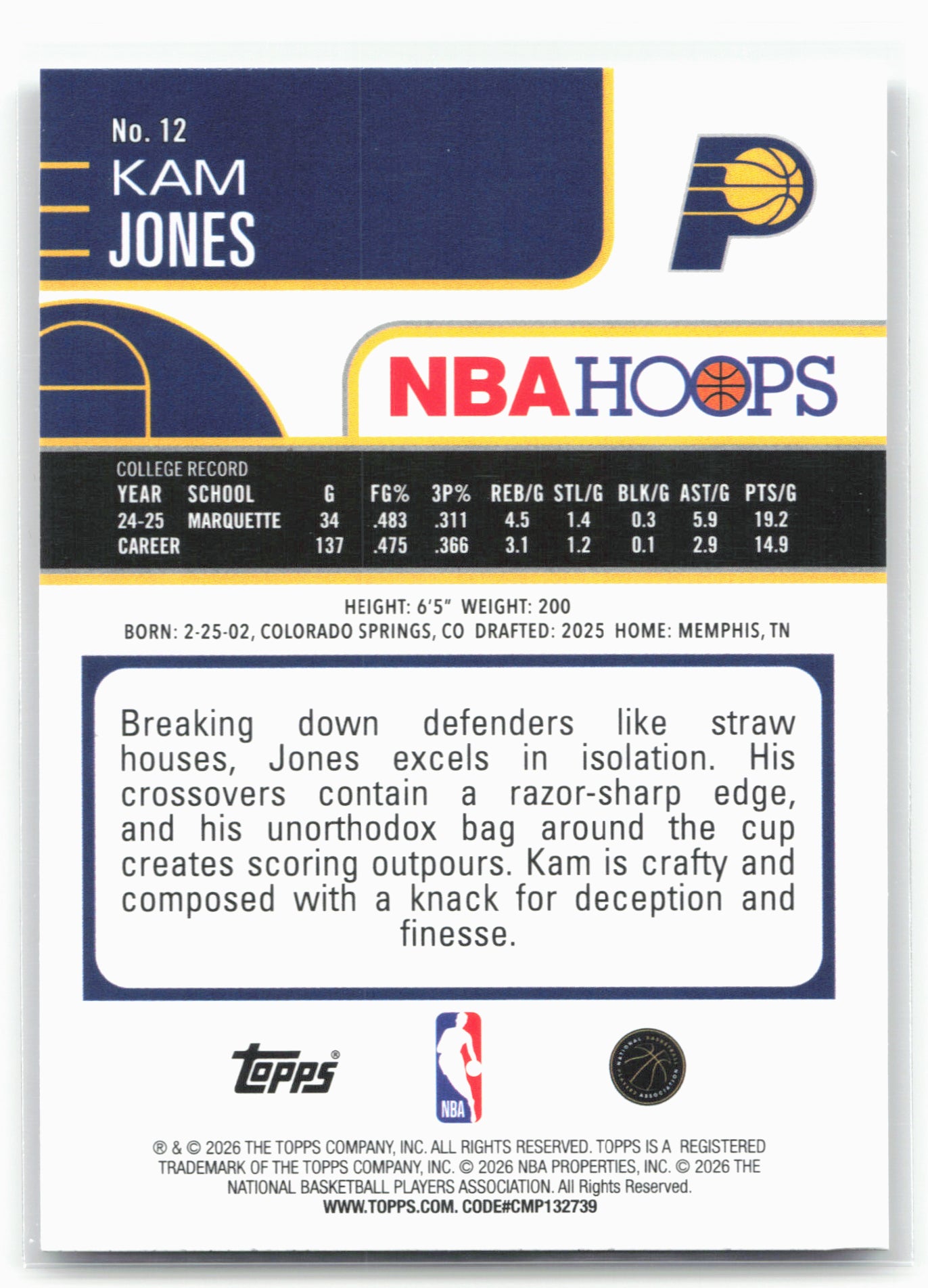 2025-26 Hoops #12 Kam Jones 29313