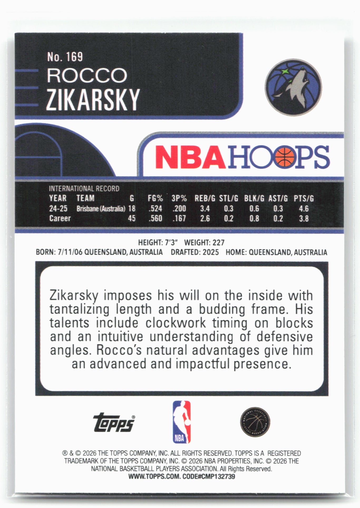 2025-26 Hoops #169 Rocco Zikarsky 29316