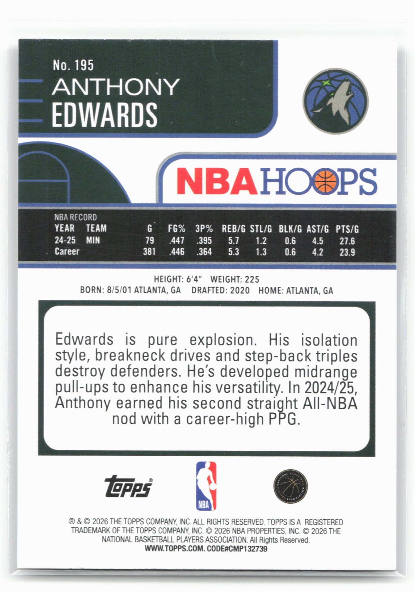 2025-26 Hoops #195 Anthony Edwards 29317