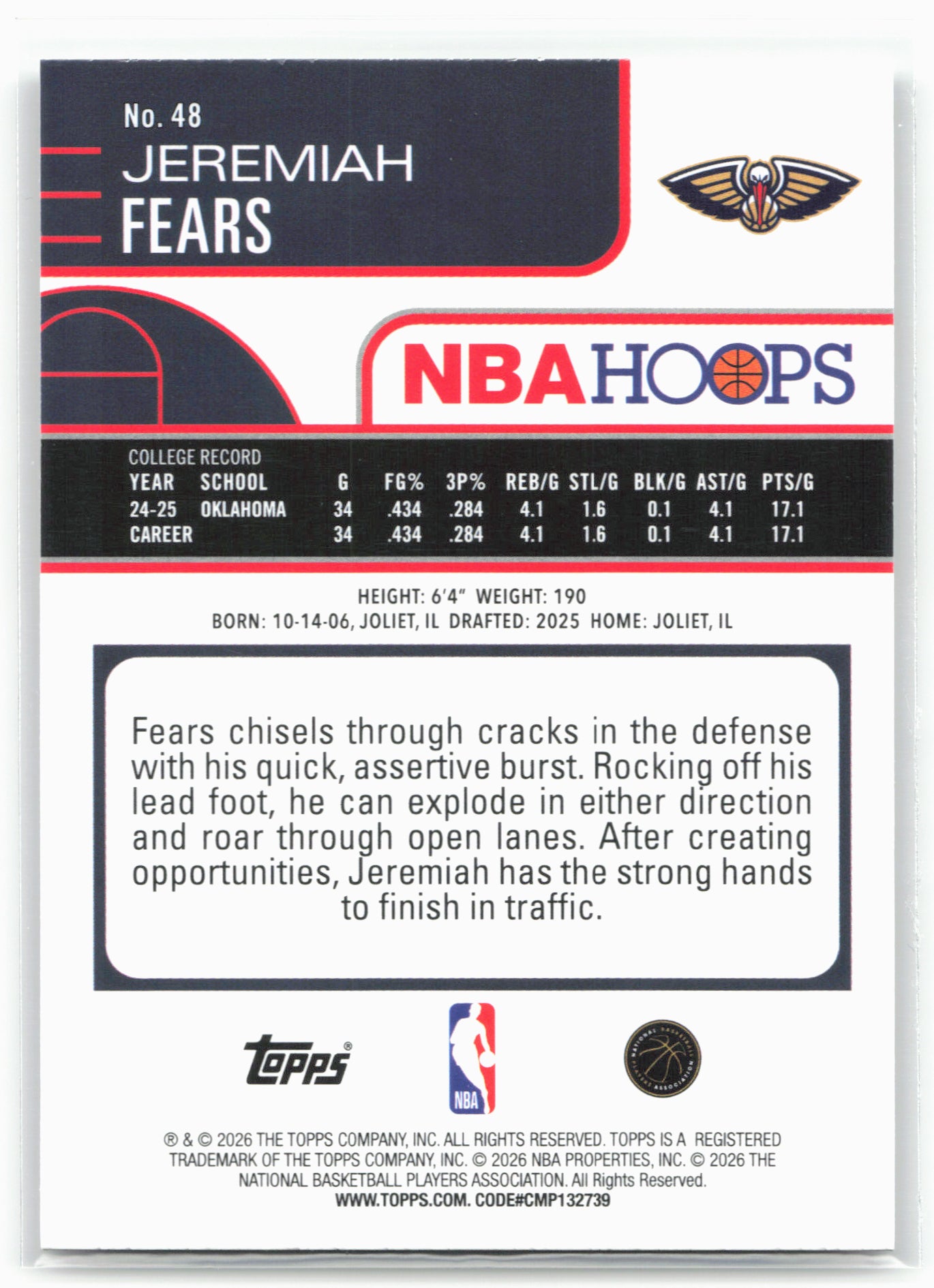 2025-26 Hoops #48 Jeremiah Fears 29319