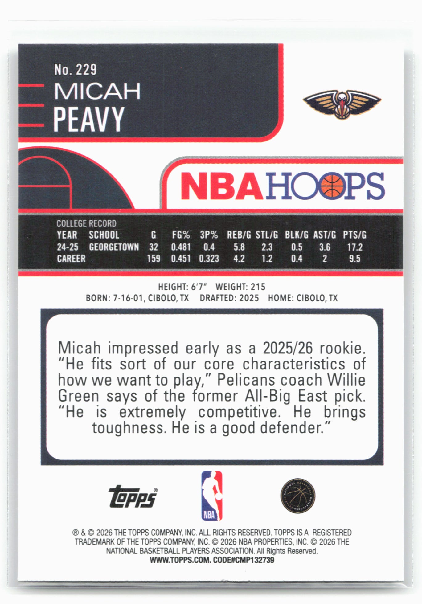 2025-26 Hoops #229 Micah Peavy 29320
